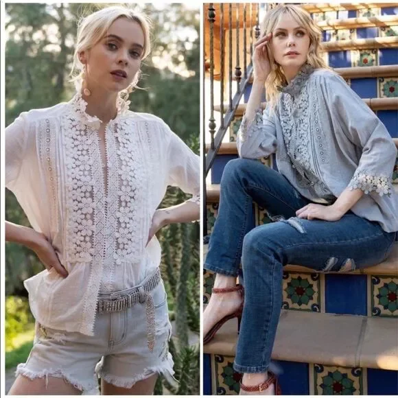 IVORY Floral Lace Mock Neck Blouse Flared Sleeves - Picture 6 of 14